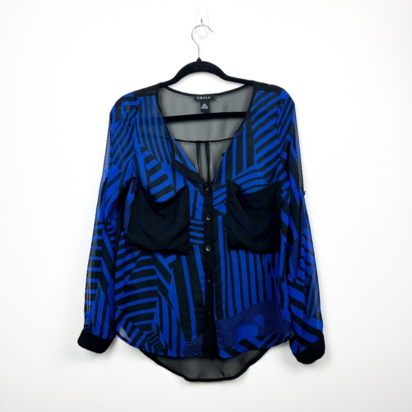 UK2LA Black and Blue Striped Sheer Button-Up Top - Picture 1 of 8